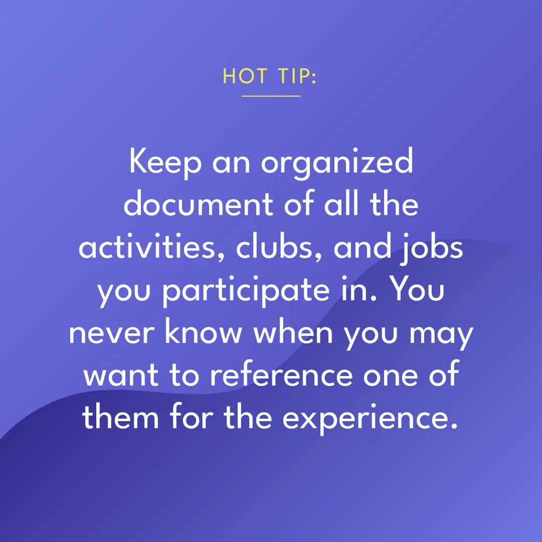 TechRowNYC's tweet photo. Whether you're applying to colleges or jobs, it never hurts to have a quick-reference list of all the things you've participated in.
Be sure to include extracurriculars, volunteer work, and internships in addition to jobs.
#Techrow #Techrowtips #Techrowcollegetips #college https://t.co/I7jhUjbG74