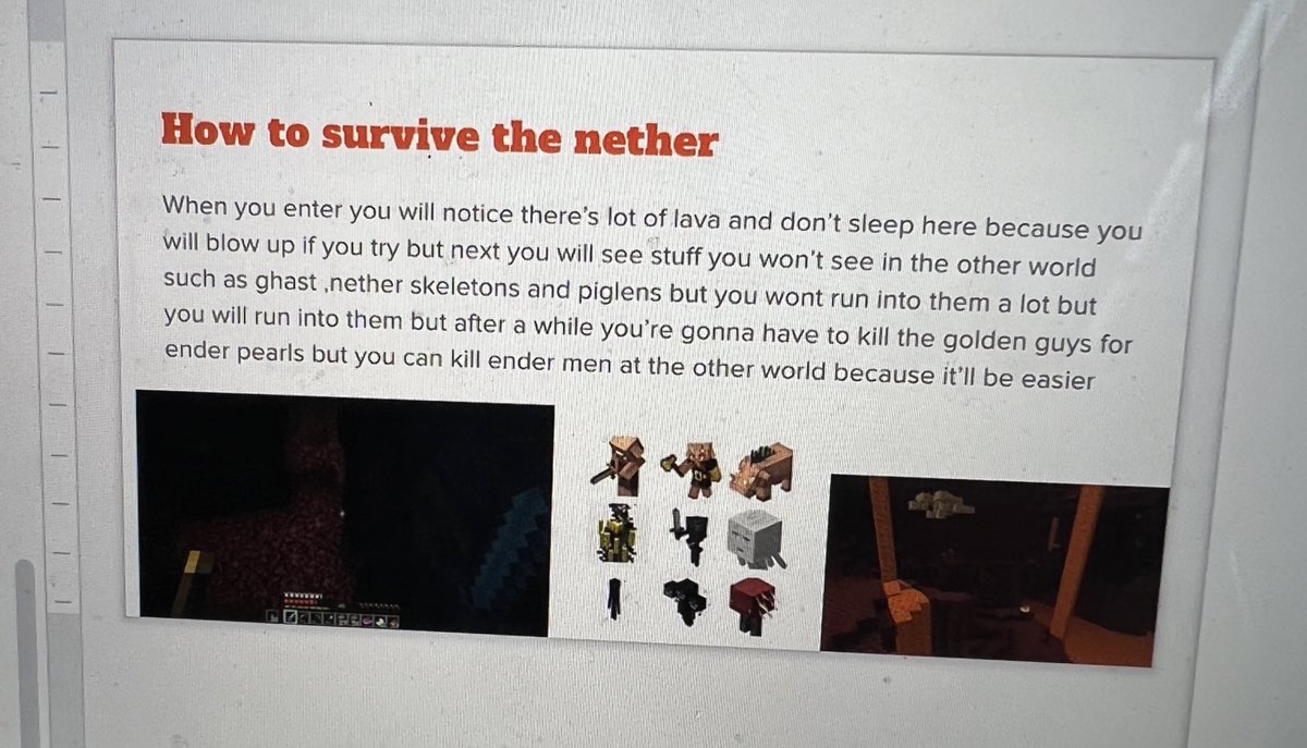 mary_willson's tweet photo. We are doing How-To Speeches this unit and the assignment was to create a Slide deck with direct instructions on how to do something (anything!!). 

Have kids write about what they love. This is 1 of 13 slides about How to Beat Minecraft by a 12 year old!! #teaching #k12 #edchat https://t.co/LO7xZ48JDV