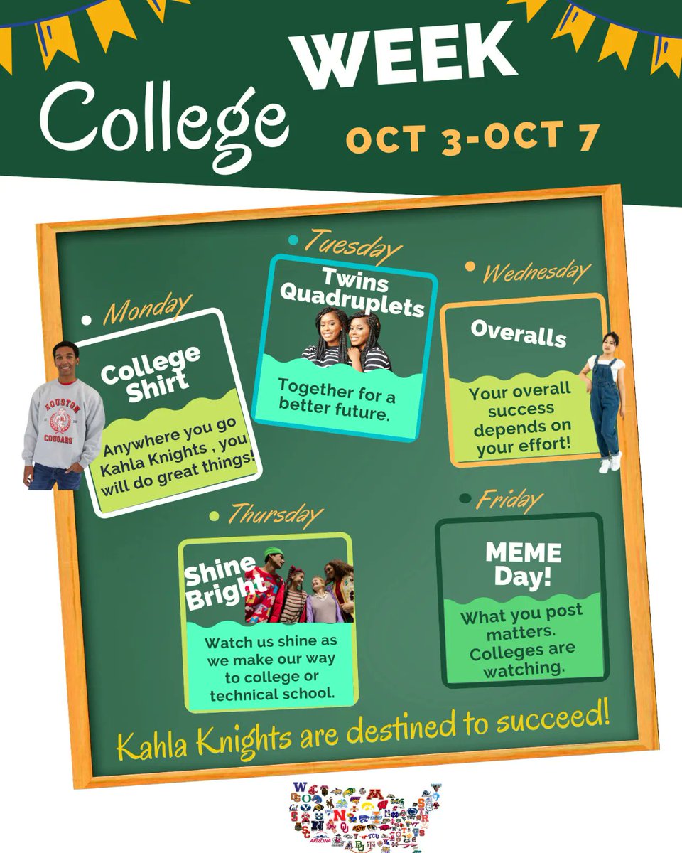 Knights, join us next week as we kickoff our College Week celebration !💚💛

#EveryKnightEveryDay #TheKahlaWay