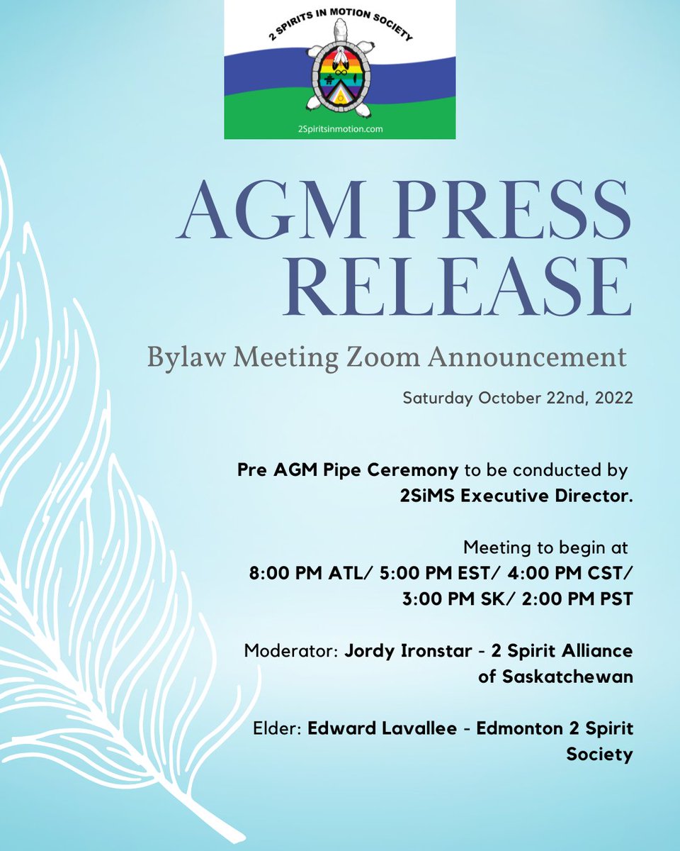 2SinMotion's tweet image. Greetings 2SiMS Members! Please keep your calendars open to attend our Annual General Meeting on Saturday October 22nd, 2022.  #2SiMs #2SpiritsinMotionSociety

✅ Registration Form: linktr.ee/2sims (Membership Form) 

🖇️ Zoom link on Facebook post