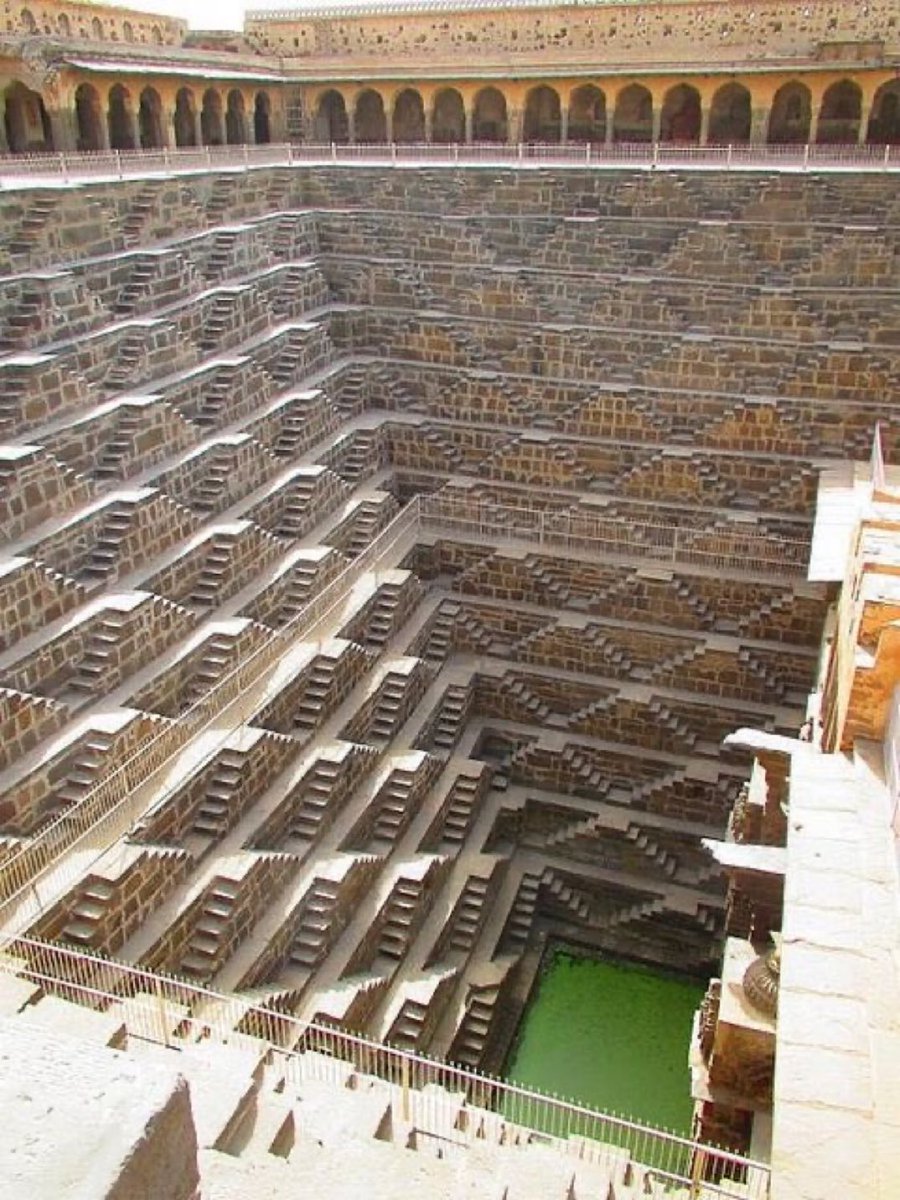 Chand Baori is a stepwell built in 9th century in the Abhaneri village of Rajasthan. 

With 3,500 steps arranged in perfect symmetry, it is India’s largest and steepest stepwell and one of the most unusual staircases in the world.

People would climb stairs with buckets of water.