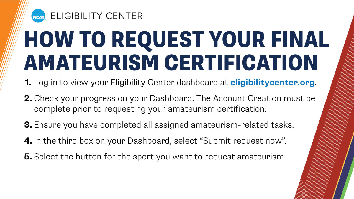 Today is the day! If you're enrolling at an @NCAA DI or @NCAADII school this winter/spring—request your final amateurism certification. This must be done before you're eligible to compete. ➡️ on.ncaa.com/AmatCert
