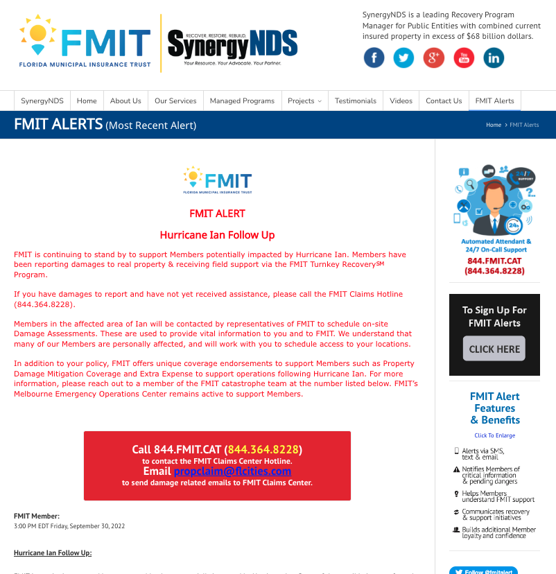 FMIT Alert: Hurricane Ian Follow Up - FMIT is continuing to stand by to support Members potentially impacted by Hurricane Ian. If you have damages to report and have not yet received assistance, please call the FMIT Claims Hotline at 844.364.8228.