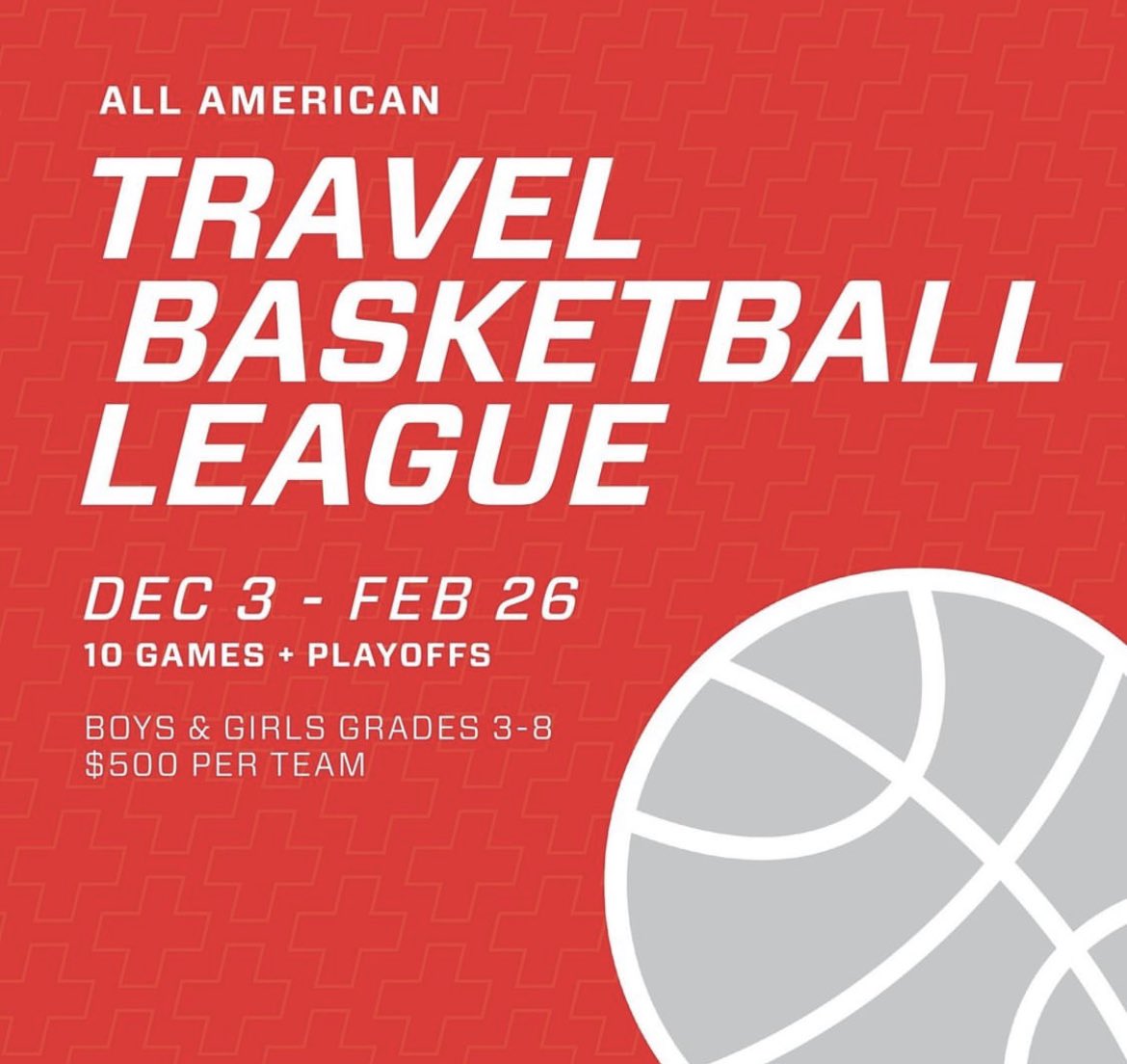Registration is now open for the All American Travel Basketball League! 🏀

Boys and girls teams grades 3rd through 8th can join now. League starts December 8 and goes until February 26.

Visit allamerican.plus to register!