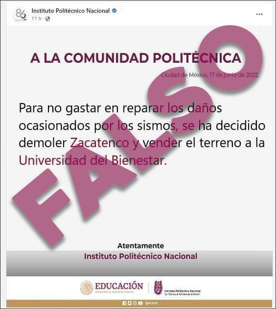 IPN_MX's tweet photo. #Importante El IPN informa que la imagen que está circulando en chats y redes sociales, con fecha 17 de junio de 2022, sobre la supuesta demolición de Zacateco, es absolutamente falsa. https://t.co/AmPcbUhw0F