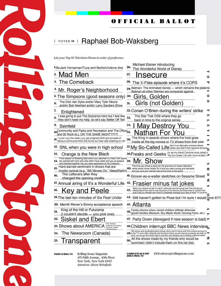 When Rolling Stone polled dozens of showrunners, actors, and critics for our 100 best shows ever list, we got a very unusual ballot from BoJack Horseman creator Raphael Bob-Waksberg. I had many, many questions, and he was gracious enough to answer: rollingstone.com/tv-movies/tv-m…