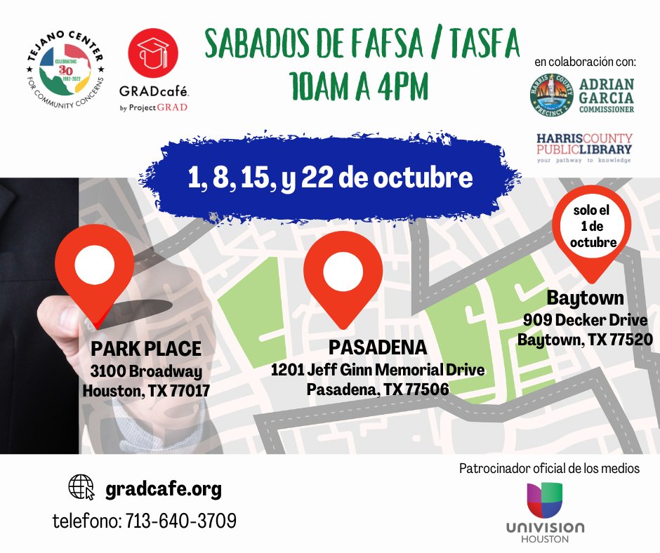 MAÑANA/1 de octubre: Abren las aplicaciones FAFSA y TASFA para ayuda financiera para pagar la universidad. Se abrirán 3 ubicaciones <a href="/GRADcafe1/">GRADcafé</a> para ayudar completar estas solicitudes. Lea a continuación los artículos que debe traer para completar su FAFSA. No se necesita cita.