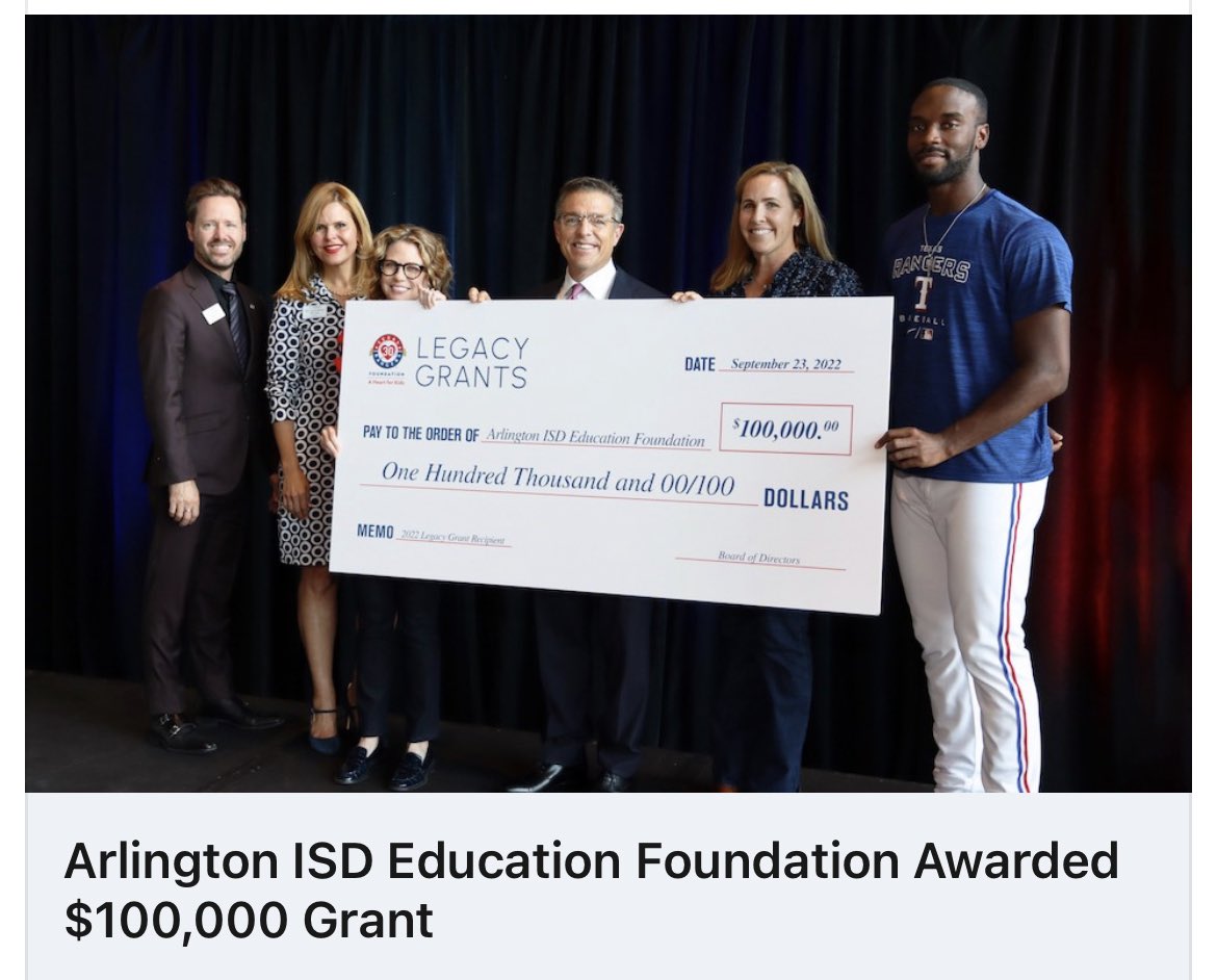 The Arlington ISD Education Foundation was awarded a $100,000 grant by the Texas Rangers Baseball Foundation to support PK learners in <a href="/ArlingtonISD/">Arlington ISD</a>. We can’t thank the Arlington ISD Education Foundation and the Texas Rangers Baseball Foundation enough!