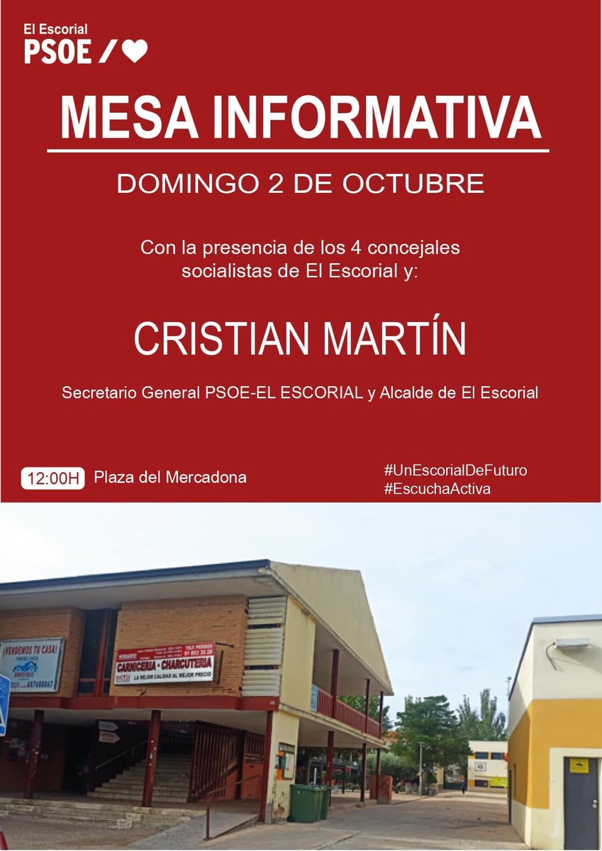 PsoeEscorial's tweet photo. 🔈🔈MESA INFORMATIVA

¡Este domingo os escuchamos en Los Arroyos a partir de las 12h!

#EscuchaActiva
#SeguirAvanzando❤️
@psoe_m https://t.co/wCmNG2aJ03