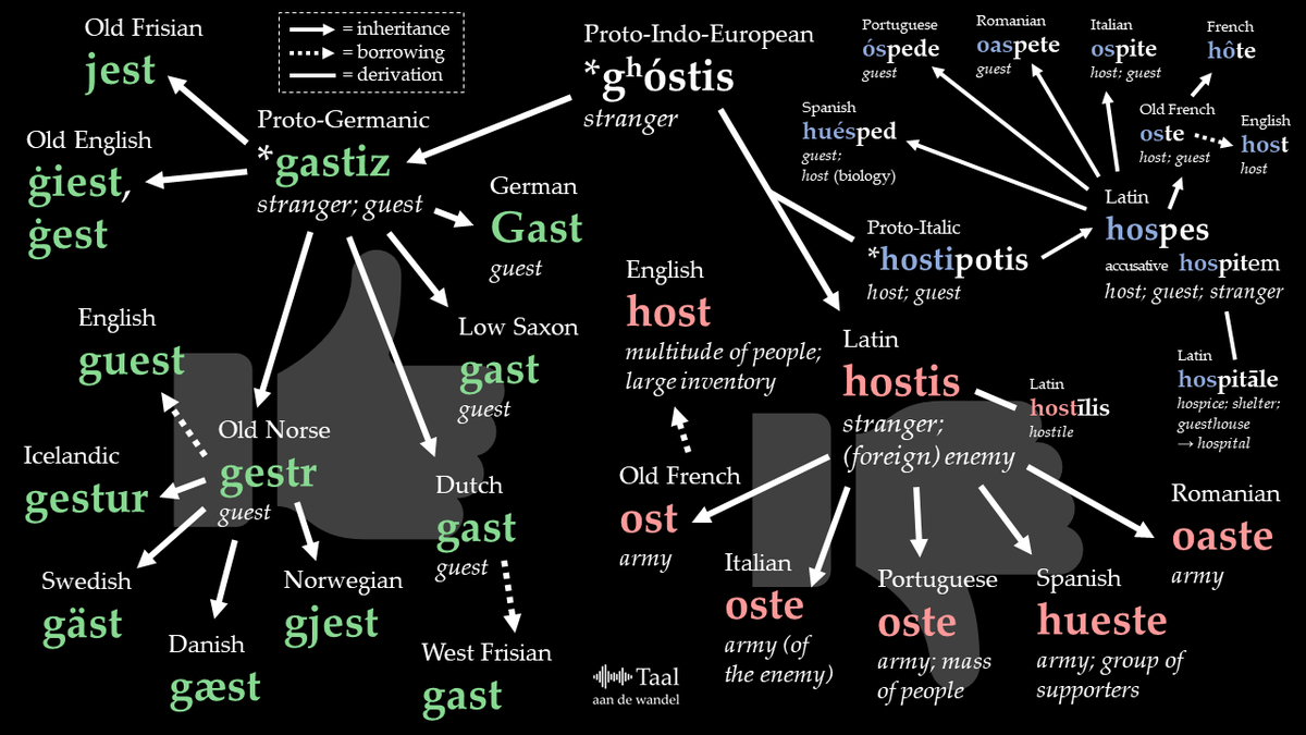yvanspijk's tweet image. The word &apos;guest&apos; is related to Latin &apos;hostis&apos; (enemy), whence &apos;hostile&apos;.

The meanings of words constantly change. This is called semantic drift.

The Proto-Indo-European word *gʰóstis meant &quot;stranger&quot;.

Its meaning became negative in Latin but positive in Germanic.

Here&apos;s how: