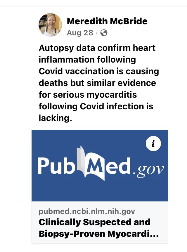 mmcbridemd's tweet image. Facebook is threatening to close my account over this “misinformation“. Yet the statement is fact: autopsy findings support death from myocarditis after vaccination, while “there is not yet definitive EMB/autopsy proof that SARS-CoV-2 causes direct cardiomyocyte damage”.