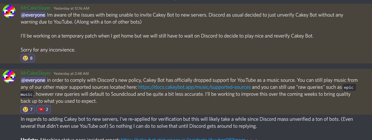 CornetWiggly's tweet photo. look at what @MrCakeSlayer said as an announcement about cakeybot.

bro fr @discord #BringBackDiscordYtMusicInVc 💀

if you make small bots to shutdown, then shutdown mee6 too!! They're making more money off of this more than the small bots are making bro. https://t.co/HXGTmZ4YMs