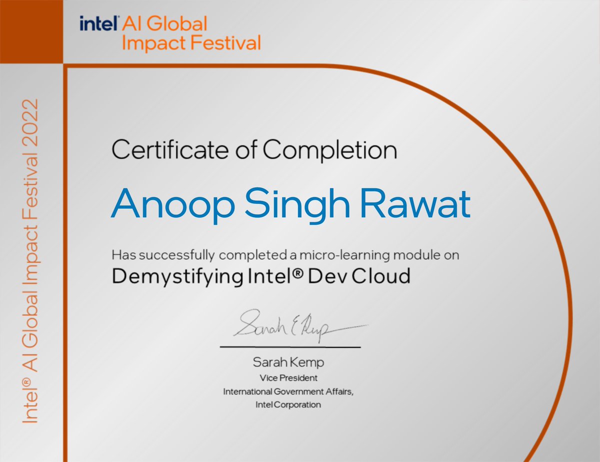 ThakurAnoopSa's tweet photo. Earned a certificate after completing a micro learning module on Demystifying Intel® Dev Cloud at Intel® AI Global Impact Festival 2022. Get yours now at https://t.co/byJd8dIx2G #AIImpactFest https://t.co/972LhcX1Ek