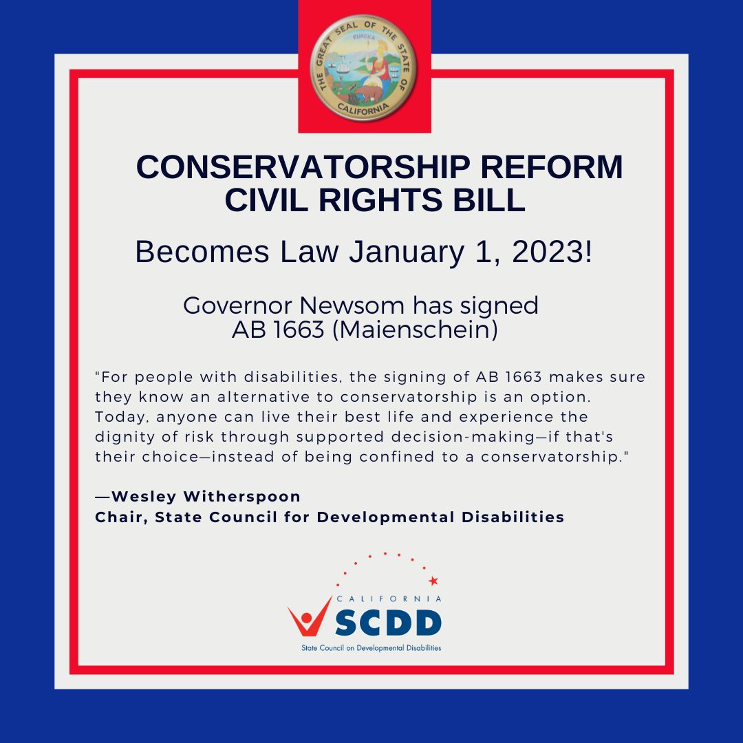 CalSCDD's tweet photo. Probate Conservatorship Reform is here with the signing of #AB1663! Thank you @CAgovernor @BMaienschein and fellow co-sponsors @DisabilityCA @DisabilityVU and supporters @freebritneyla @californiaalz! 
#DisabilityRightsAreCivilRights https://t.co/TH6IMfXrfH