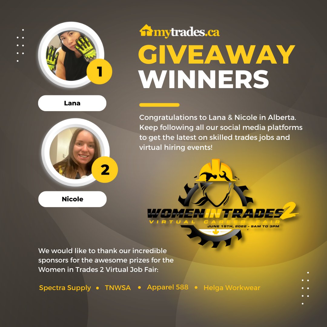 Congratulations to Lana &amp; Nicole in Alberta as our BIG prize winners at the Women in Trades Virtual Career Fair on June 15th, 2022. These gals took home some spectacular prizes from our event sponsors! @588apparel <a href="/helgawearinc/">Helga Wear Inc.</a> @spectra_gloves <a href="/tnwsa/">ต้น ออนิวสะพานสี่</a> #womenintrades #skilledtrades