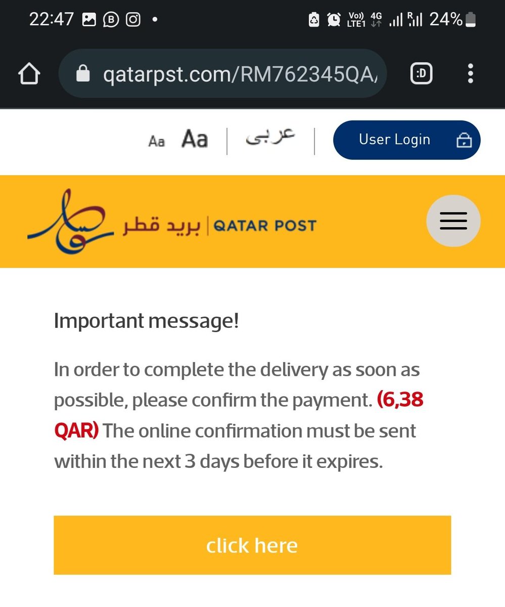 kpharshad's tweet photo. @QATAR_POST I'm getting these message, possibly a scam or phishing attack. See the URL + phishing site, and the SMS https://t.co/CQ3PNgdMGG