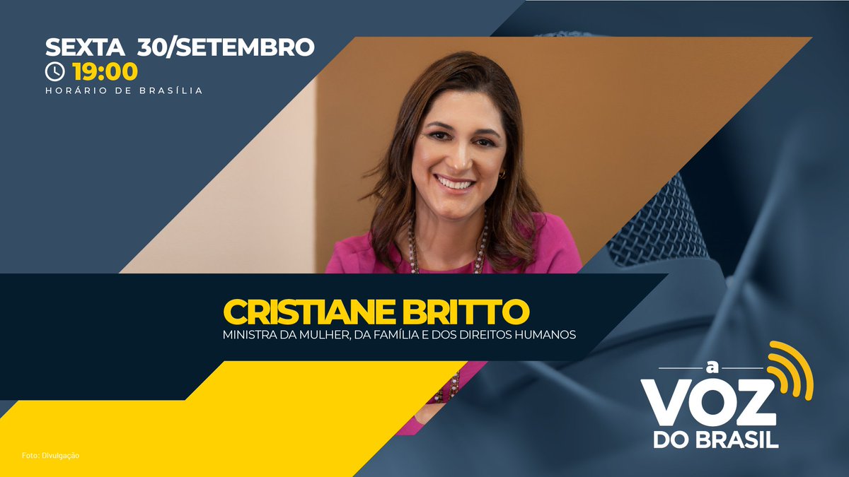 📻📱 A ministra da Mulher, da Família e dos Direitos Humanos, Cristiane Britto, é a convidada desta sexta-feira (30) em #AVozDoBrasil. Acompanhe #aovivo, a partir das 19h (horário de Brasília), nas rádios de todo o país e em nossas redes sociais.