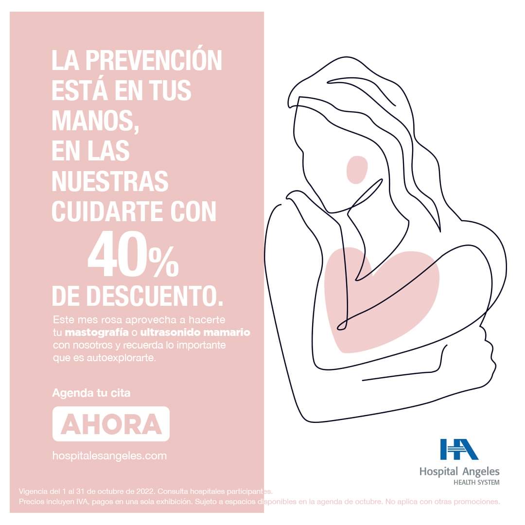 La prevención es la mejor herramienta contra el #cáncerdemama.

Aprovecha nuestra promoción especial del 40% de descuento en #mastografía y #ultrasonidomamario.  

Agenda tu cita:bit.ly/2NomTyM 

#octubrerosa l #mastografía l #cáncer l #womens l #autoexploración
