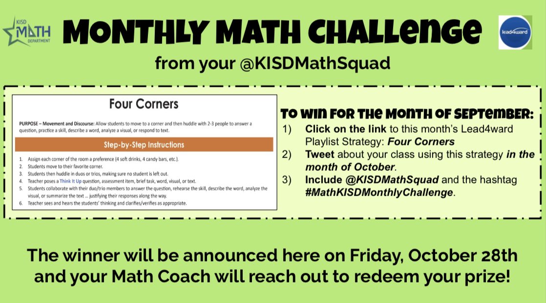 KISDMathSquad's tweet image. ⭐️Hey K-6 math teachers!⭐️
It’s time for October’s Monthly Math Challenge with the @lead4ward strategy Four Corners! Follow the link to learn more &amp;amp; check out the flyer below for a chance to win! #MathKISDMonthlyChallenge
drive.google.com/file/d/1XqC5yh…