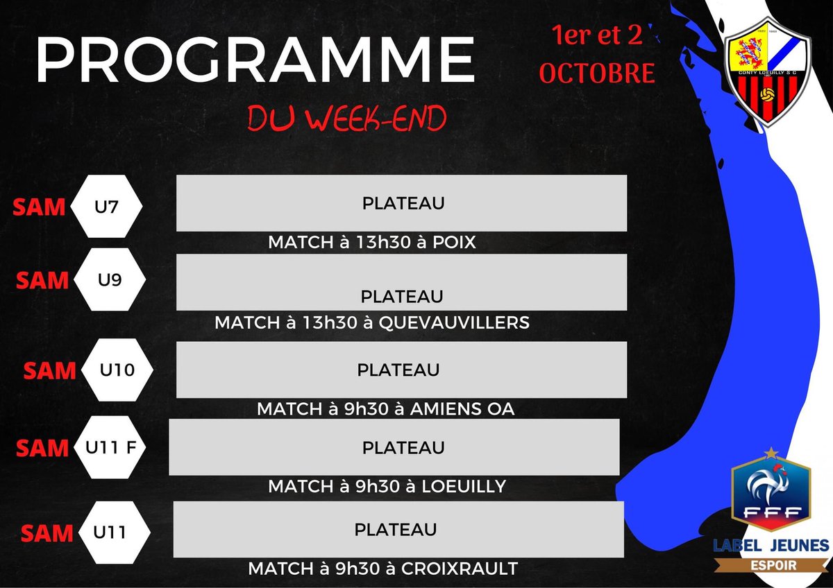 ContyLoeuillySC's tweet photo. ⚽️ CLSC Programme ⚽️

Voici le programme des matchs du week end ⚽️👍

Bonne chance à toutes nos équipes 🔴⚫️ https://t.co/wprLyhl01t