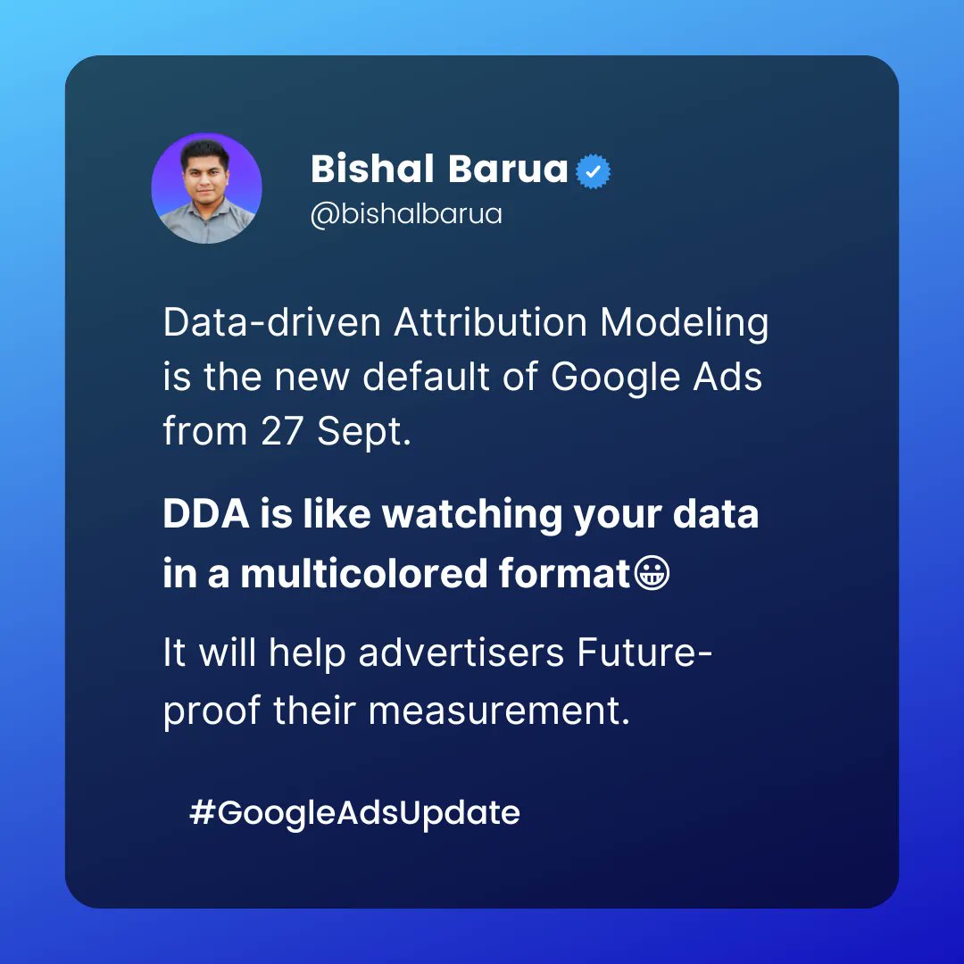BishalBaruabd's tweet image. Data-driven Attribution Modeling is the new default of Google Ads from 27 Sept.
This model can increase accuracy in your reporting by using historical data to know truly how impactful each asset might be.
#googleupdates #googleadupdates
