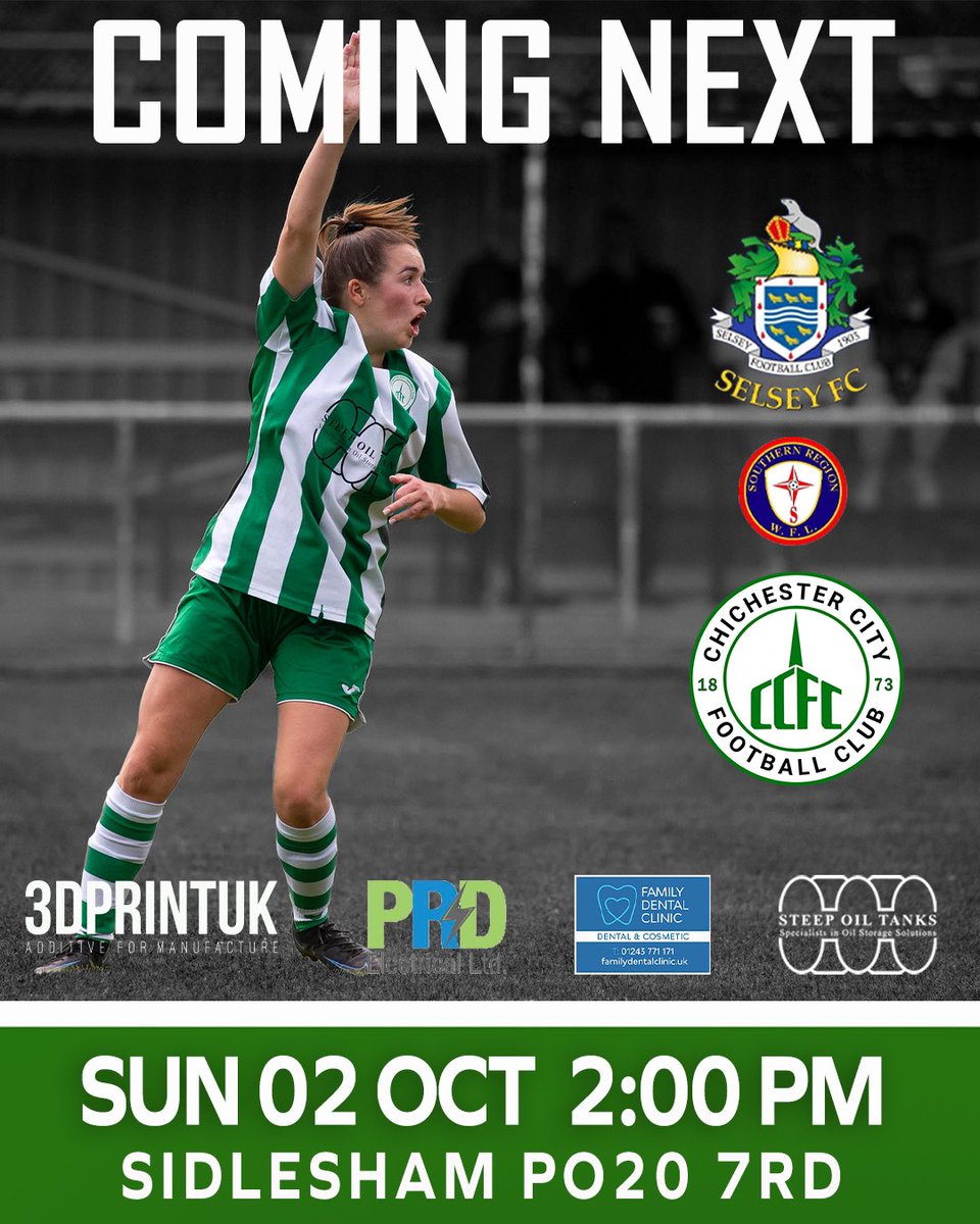 COMING NEXT
<a href="/ChiCityWomenFC/">Chichester City Women FC</a> vs <a href="/selseywfc/">Selsey Women FC</a> DS
📍Sidlesham Recreation Ground
⏰ 2pm KO
🏆 Southern Region Women’s Football League

#UpTheChi 💚🤍