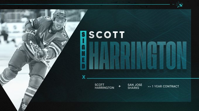 Graphic with a picture of Scott Harrington on the left that says "Scott Harrington Signed to a one-year contract"