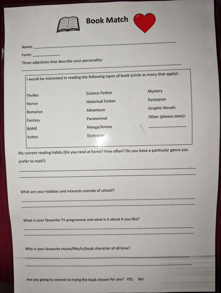 MrsMcCarthyEngl's tweet photo. @mrsbgteach It's just a super simple sheet to gauge their hobbies and interests. I've used the info from this sheet and what I already know about the students to pick books I think they'll enjoy. https://t.co/46LlYqk5x0