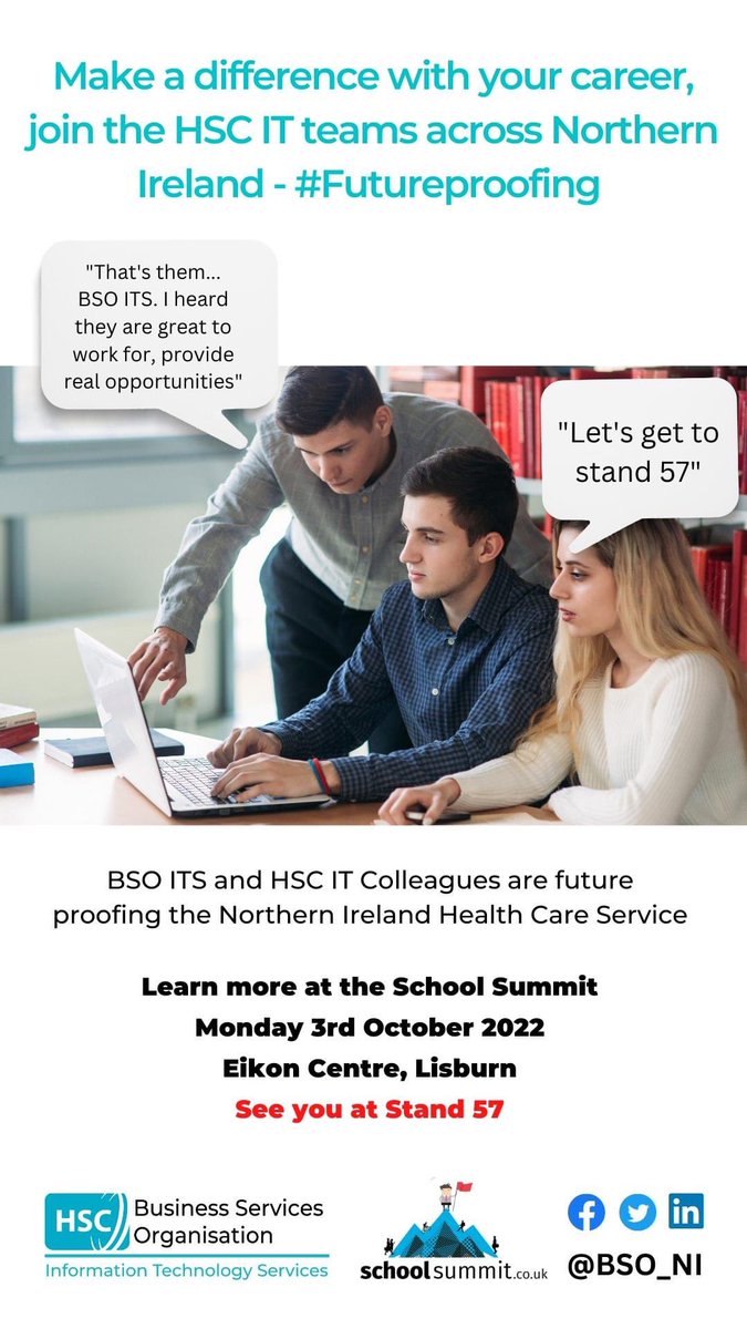 Mon 3rd Oct - our #IT colleagues <a href="/BSO_NI/">Business Services Organisation</a> Information Technology Services (BSO ITS), will be attending the @EikonExhibition Centre at the Maze Long Kesh site in #Lisburn to take part in the #SchoolSummitNI

Stand 57

Link: schoolsummit.co.uk/#section4