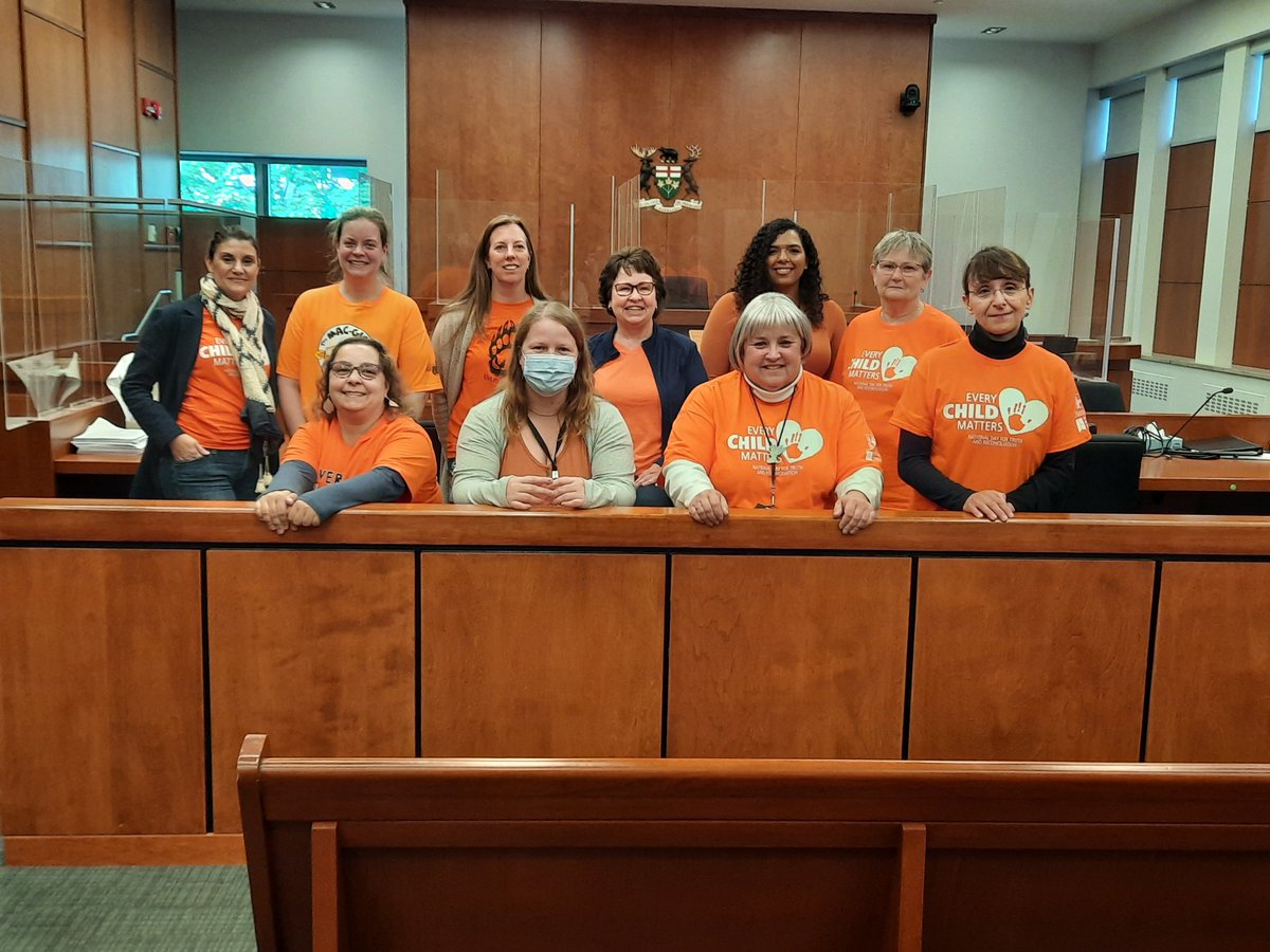 cityofhamilton's tweet photo. City of Hamilton staff showing their support for #OrangeShirtDay today, wearing orange to honour residential school survivors and their families in the spirit of reconciliation. https://t.co/sSaKXTuBNX