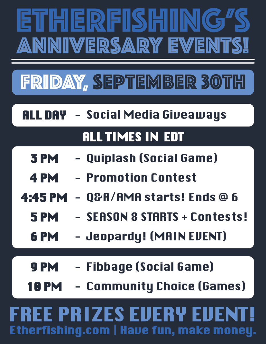 EtherFishing's tweet photo. 📣ANNIVERSARY EVENTS! 🥳

👉Come Join us for the Launch of Season 8, AMA, and our Collaboration Jeopardy Game with @MrMintopoly!

HUGE GIVEAWAYS + PRIZES GOING ON NOW!

➡️#Free2Play Fishing game where the Fish are #NFTs to trade and SELL!
🎣Catch fish worth $Hundreds$ 💰💰
#P2E https://t.co/84TsPaVip5