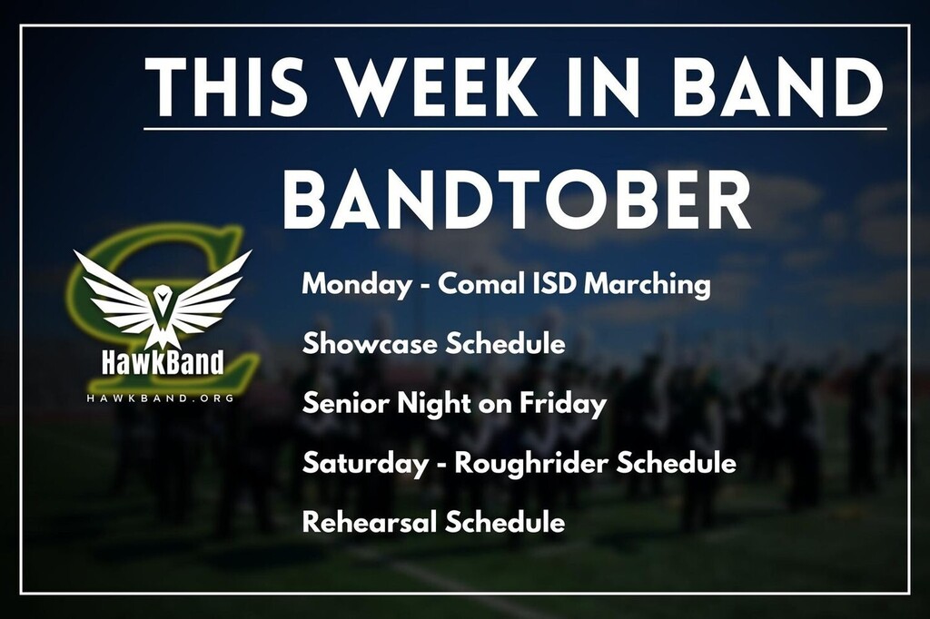 CLHawkBand's tweet photo. Bandtober!!! (October 3ed-8th) Monday/Saturday Performance Schedule, Senior Night, Rehearsal Schedules etc.  https://t.co/Y3wkFvXary 
@MandyEpley @CLHSPrincipal @ChadBentley18 @GaryCooper1971 @JackyOlivaresFA @MVHAWKBAND @CISDNEWS  #ComalFineArts #keepr… https://t.co/67DzUolbXM https://t.co/NLa1gw9sXx
