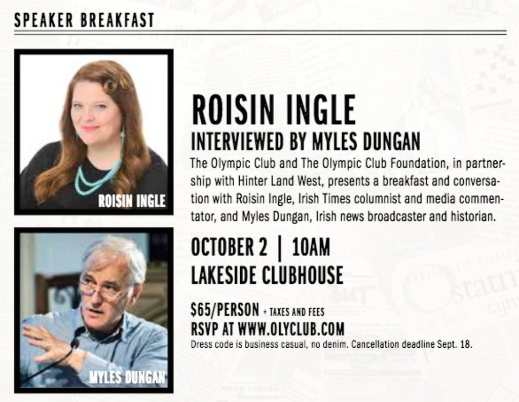 HWest2022's tweet photo. Olympic Club Foundation is hosting the Irish community at the Olympic Club Lakeside for a breakfast talk with Irish Times columnist Roisin Ingle and Myles Dungan. We have four seats to give away to this special event - DM for your chance to win! https://t.co/IzVkaVjC56
