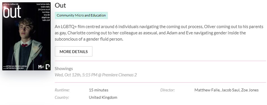MeMyselfAndMatt's tweet photo. Very excited to share this! My Short Film Out will be showing at @irisprize LGBTQ+ Film Festival on October 12th! This also means it's shortlisted for the Education Award as well! If you're around and can get tickets, come see it! https://t.co/yrjV8ndLaa https://t.co/m60y1b9vAp