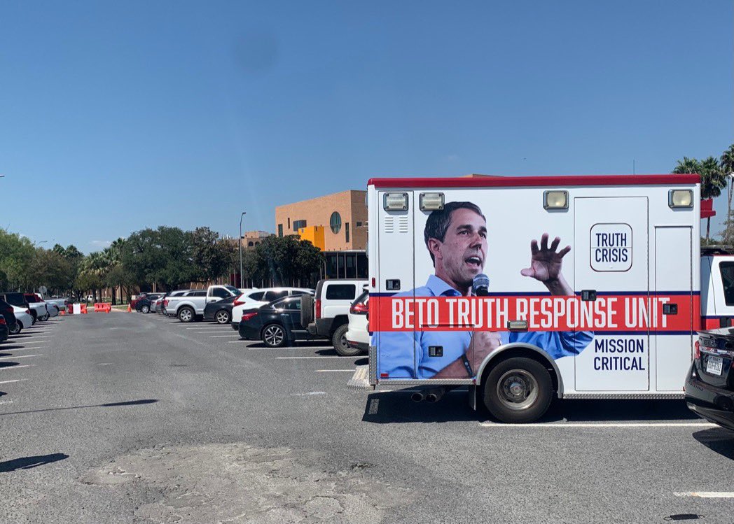 GovHotWheels_TX's tweet photo. The Beto Truth Response Unit is on the scene in Edinburg to hold Beto accountable at tonight's debate.

His agenda for open borders, defunding the police, &amp; destroying energy jobs is wrong for Texas. https://t.co/4vcE80eRDN
