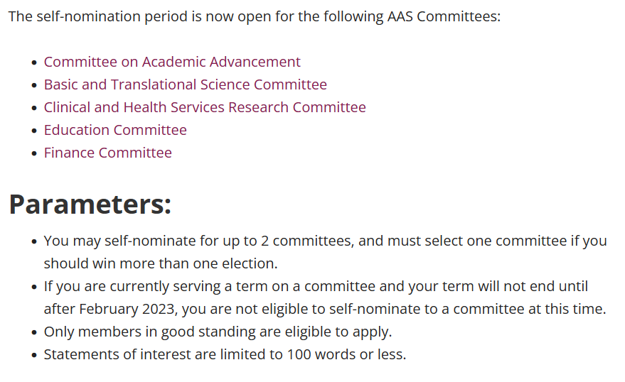 DEADLINE TONIGHT! #ElectMyAAS is in full swing and the deadline to self-nominate for the first round of committees is Friday, Sept 30 at midnight Pacific. All Active, Candidate, Military, and International members are eligible to serve: aasurg.org/nominations