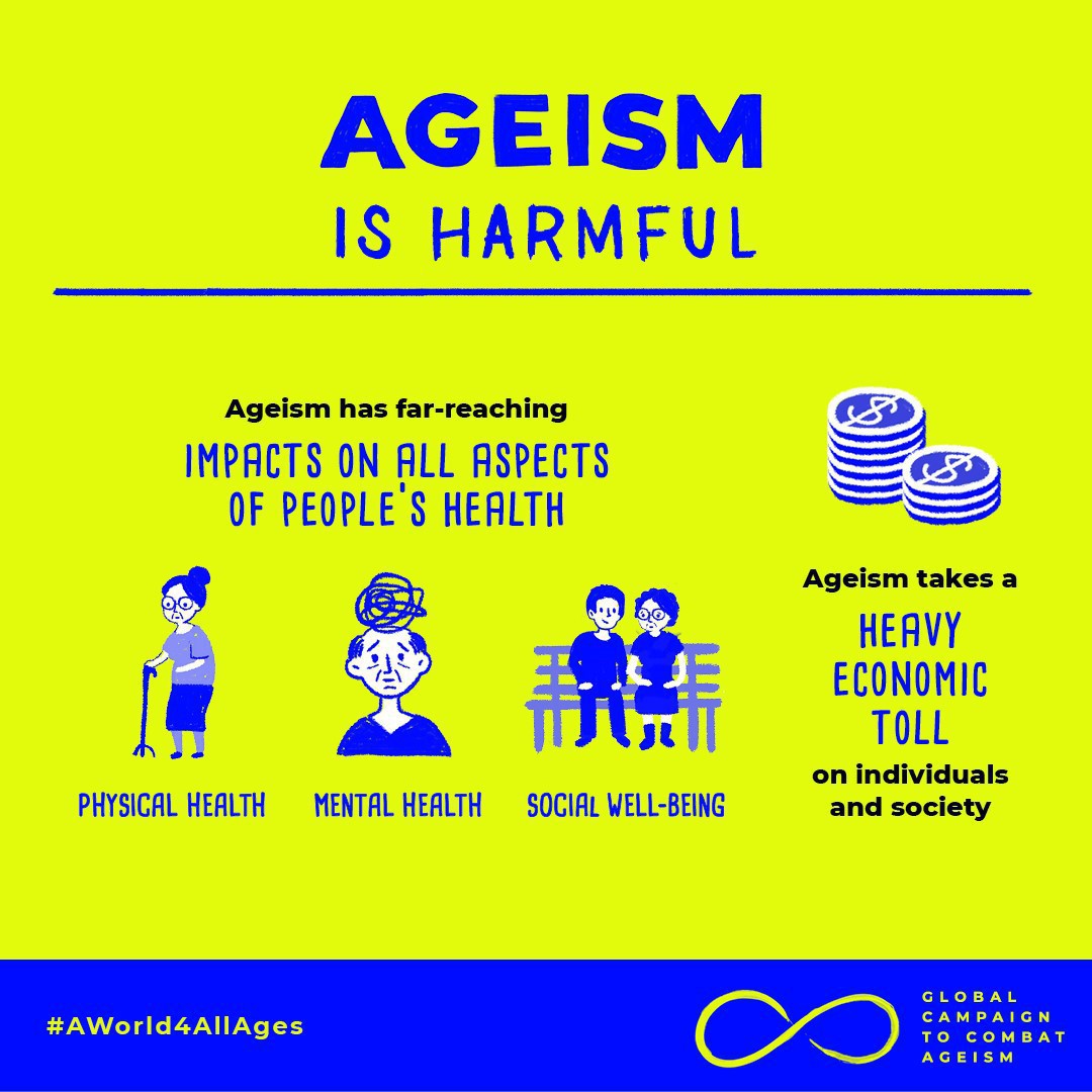 UN's tweet photo. Many people have negative beliefs about others based on their age, which has profound consequences on older adults’ health &amp; well-being. 

@WHO has facts about how to combat ageism on Saturday's #OlderPersonsDay: https://t.co/F9HyjIzTeY https://t.co/nDQdDfzRkG