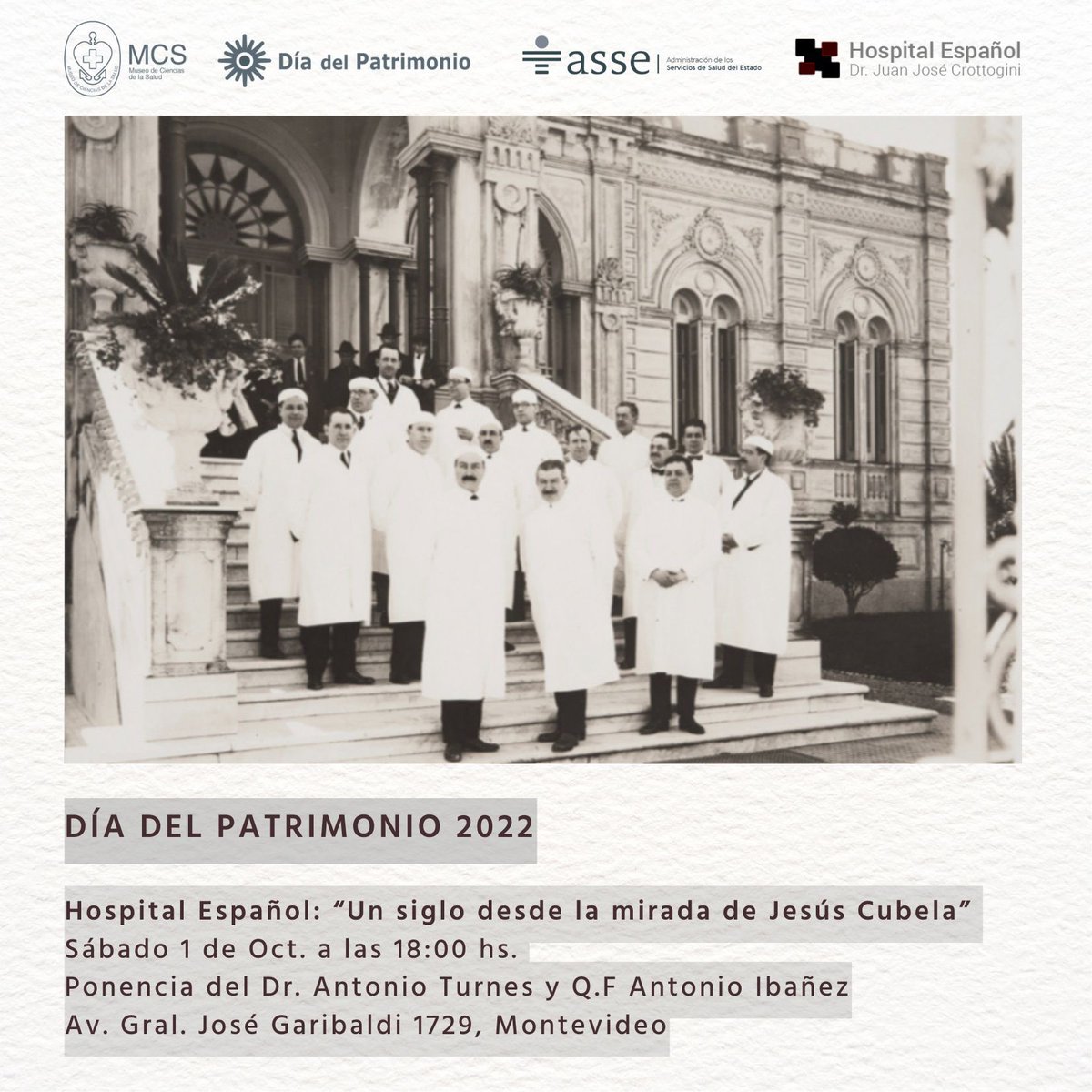 Hosp_Espanol's tweet photo. Día del Patrimonio:

Sábado:
▪️18:00 hs Dr. Antonio Turnes: “España y Uruguay en la salud y medicina entre dos siglos”. 
▪️18:45 hs Q.F. Antonio Ibañez: “España en el origen de las boticas del Río de la Plata”

Domingo: 
▪️Concierto de gaitas a las 11 hs. 

📍Av. Garibaldi 1729 https://t.co/OkgUYQyVfI