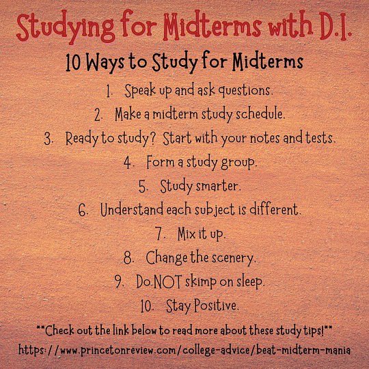 With midterms being next week, The Delta Iota Chapter of Delta Sigma Theta Sorority Inc. would like to provide some studying tips! Good luck📚❤️