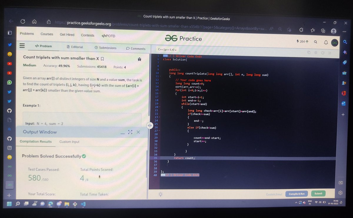 roy2pushkar's tweet photo. #Day93 of 100 Days of Code by
@CodeinCommunity
and
@MinutesCoding
Question Solve: Count triplets sum smaller than x
Link:- https://t.co/FVyhfCcSLi
Discord:- https://t.co/7G195aCdVx…
#100daysofcodechallenge #codeincommunity #codein100daysofcode #100daysofcode #codingoood https://t.co/C9TJPHxktv
