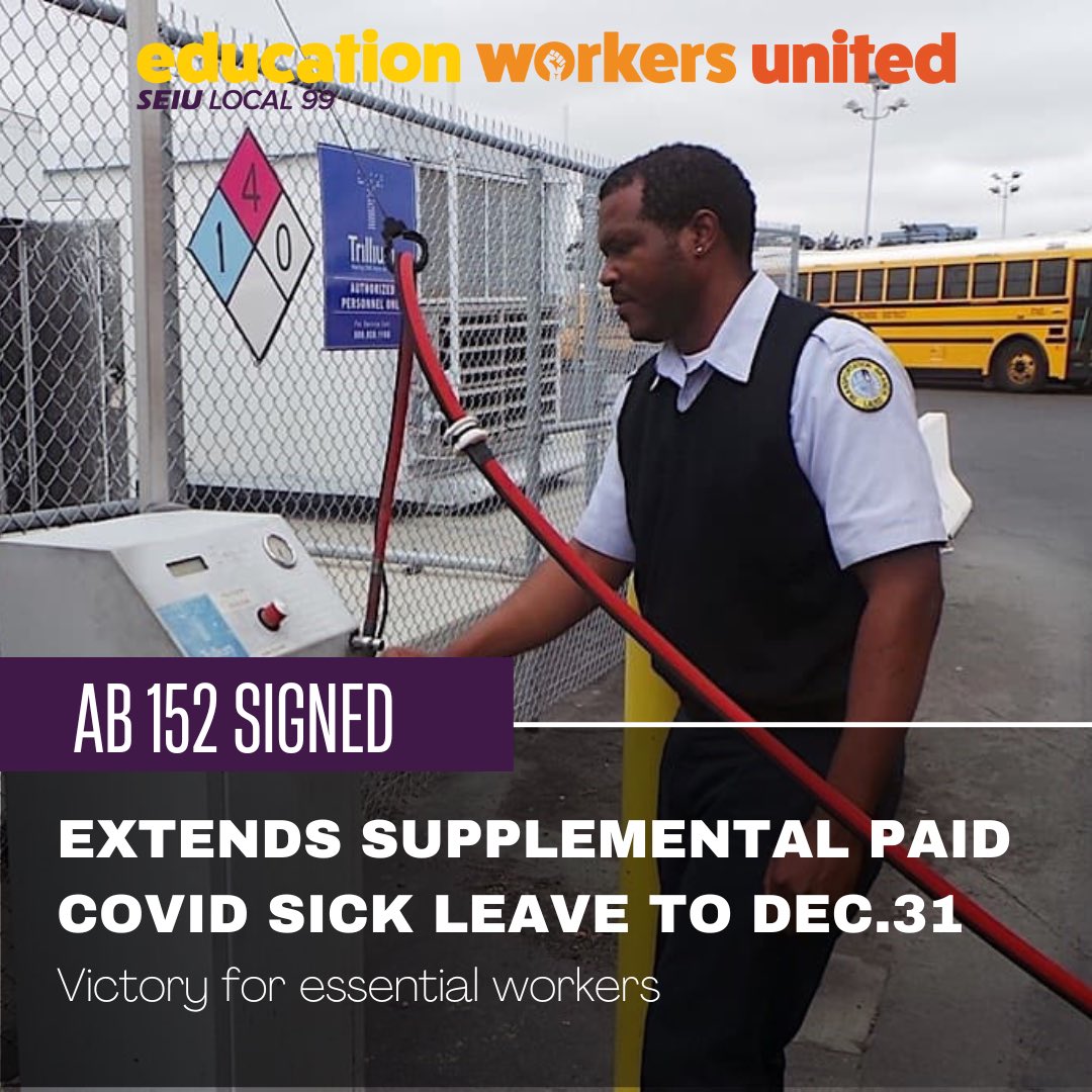 SEIULocal99's tweet photo. 🙌🏾🎉 SEIU workers across CA fought for the extension of COVID-19 Supplemental Paid Sick Leave and WON! We applaud @GavinNewsom’s signature on AB 152. This leave was previously set to expire TODAY!😷 

Paid sick leave saves lives👏🏾 #EssentialEveryDay https://t.co/dA0d9sLQ3Z