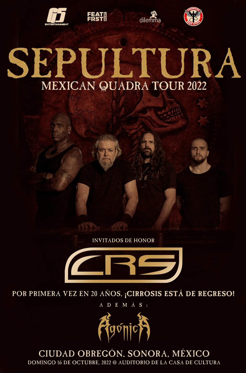 DarshanMx's tweet photo. ► GS Entertainment presenta a @sepulturacombr en Ciudad Obregón.
📅 La cita es el 16/10/2022 en el Auditorio de la Casa De La Cultura en Ciudad Obregón, Sonora.
▪︎ Invitados: CRS & Agonica
☆ #Sepultura #GSEntertainment #AuditorioDeLaCasaDeLaCultura #CiudadObregon #Sonora https://t.co/fk24SXpMDG