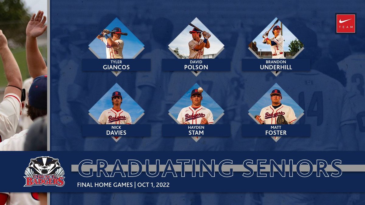 This Saturday Oct 1st, we will honour our 6 graduating seniors:

Tyler Giancos
David Polson
Brandon Underhill
Nick Davies
Hayden Stam
Matt Foster

For everything you have done for the Brock Baseball program, we thank you!

#WeAreBadgers