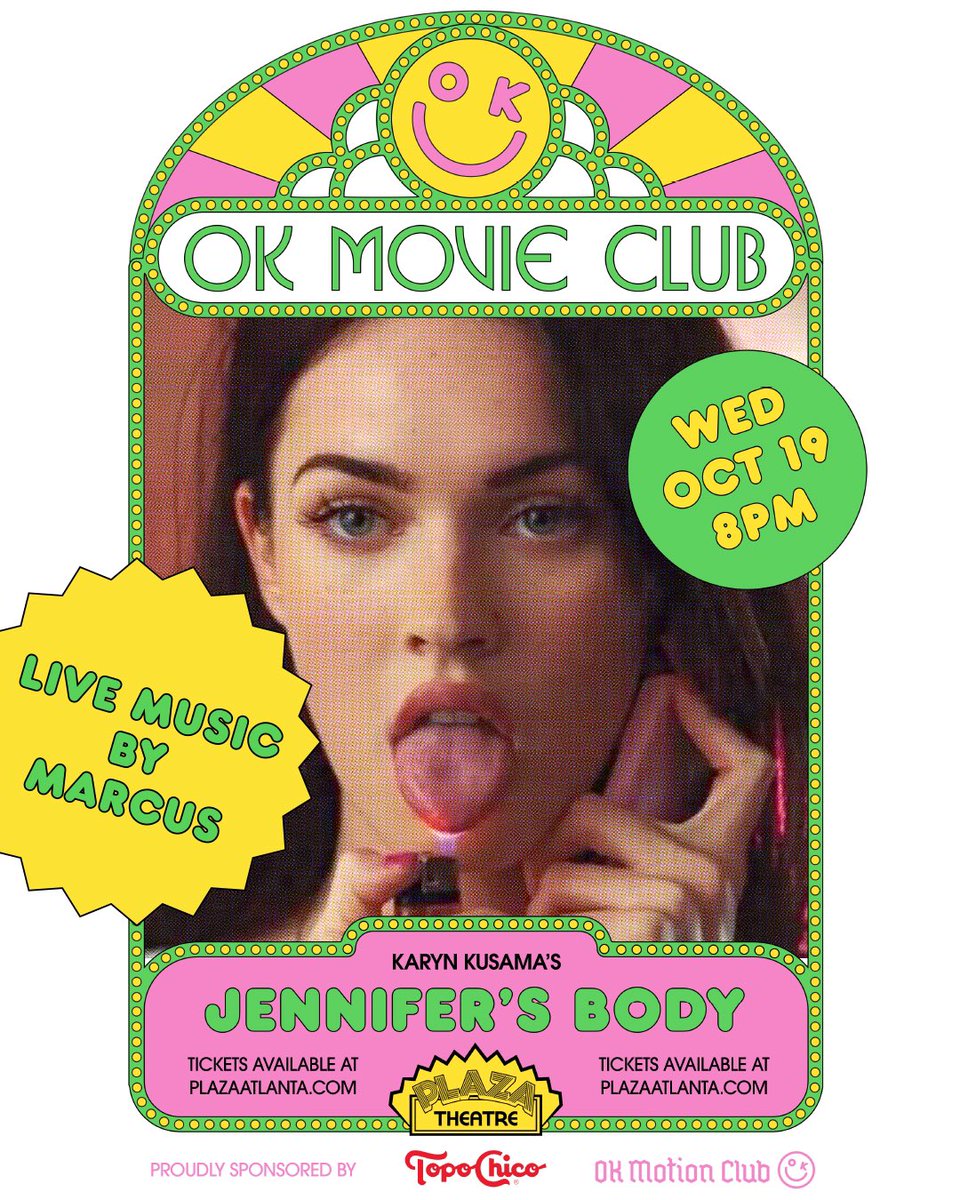 10/19 @okmotionclub + @topochicousa present: Jennifer’s Body. This screening will be extra special because they will have live music by @we_are_marcus at 8pm before the movie! And of course Halloween costumes are always encouraged. Tickets are available via link in bio.
