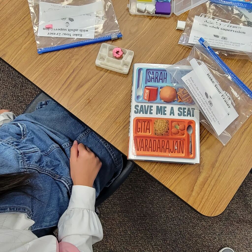 SharonAmolo's tweet photo. Today I met with my 4th grade Cover 2 Cover book club. We discussed the book  Save Me a Seat (which they loved) and then they made eraser food. 

#bookclubs #cover2cover #4thgrade #savemeaseat #sarahweeks @authorweeks #GitaVaradarajan @gitavaradarajan 
#… https://t.co/C1iLGtsJPs https://t.co/hDe3ErsDsM