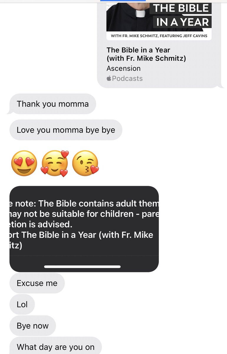 My daughter wanted to join me in listening to The Bible in a Year podcast by Fr. Mike Schmitz and @AscensionPress I was scolded for recommending adult content not suitable for children😊 I think she can handle Gen. 1-2 before she needs PG. She goes to public school w/o me. 🤷🏻‍♀️