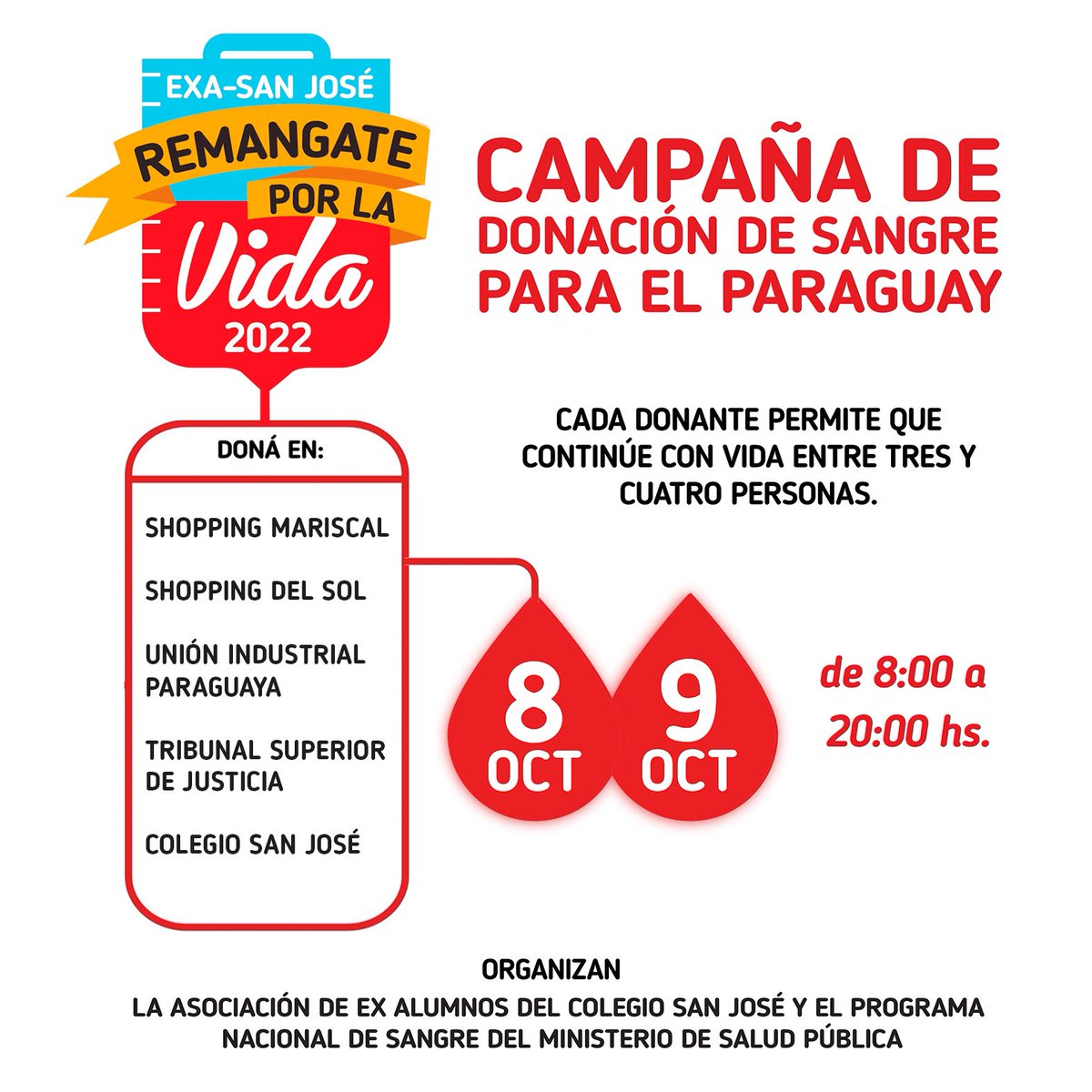 📢Este 8 y 9 de octubre nos remangamos juntos en la campaña de donación de sangre. 

♥️ De 8:00 a 20:00 h. te esperamos en: Shopping Mariscal, Shopping del Sol, Unión Industrial Paraguaya, Colegio San José y Tribunal Superior de Justicia Electoral. #RemangatePorLaVida #DonaSangre