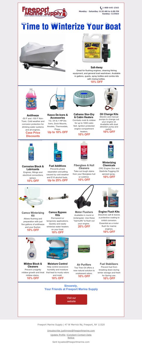 FreeportMarine's tweet photo. Winterization Essentials on Sale Now thru Oct 30th
Savings up to 25% Off on hundreds of items
Shop in-store or online at https://t.co/f0WocbzkP6 https://t.co/rckmFVZxyk