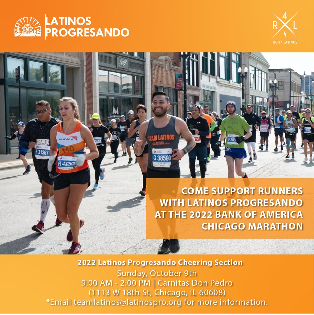 latinospro's tweet photo. Join us next Sunday, October 9th to support #TeamLatinos in the Chicago Marathon! Our runners have been training all year and now it's time for the big race. Any and all are welcome to cheer with us at Carnitas Don Pedro in Pilsen (1113 W 18th St) from 9am-2pm. #Run4Latinos https://t.co/QNfDUiOrTL