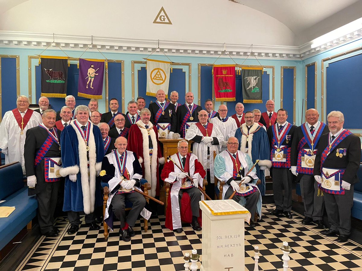 CheshirePGL's tweet photo. The Companions of Catenarian Chapter meeting at Clifton Road Birkenhead celebrating 100 years of unbroken Royal Arch Freemasonry, accompanied by the Deputy Grand Superintendent Robert Bramley and a retinue of senior Cheshire Royal Arch Freemasons. https://t.co/t57HWBF2pf